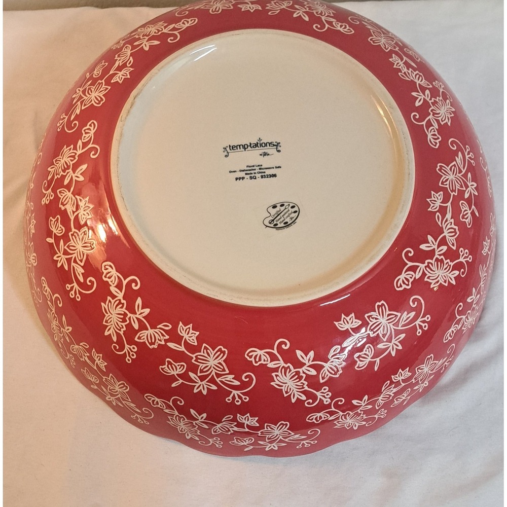 Temp-tations by Tara Floral Lace Cranberry Red 13" Serving Bowl 4 Qt Scalloped - Picture 8 of 9